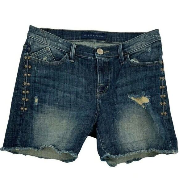 Rock & Republic Bumpershoot Short Womens 8 Distressed Cut-Off Raw Hem Blue Denim - Picture 1 of 10